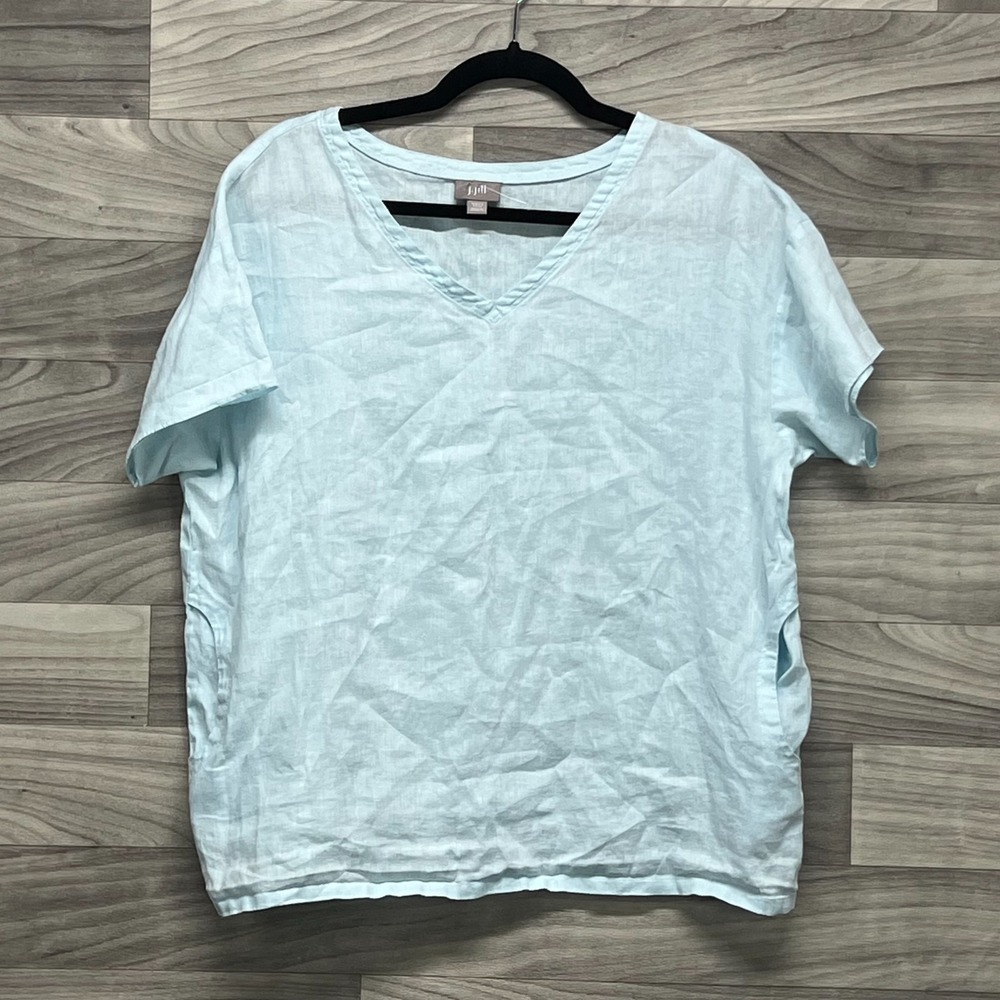 J. Jill Blouse Women's XS/S Petite Blue Linen Blend Short Sleeve V-Neck Pullover